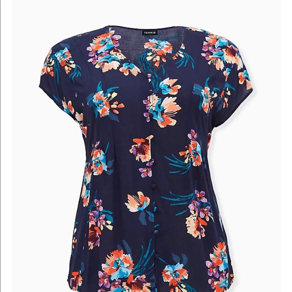 NAVY FLORAL CHALLIS BUTTON FIT & FLARE BLOUSE size 00